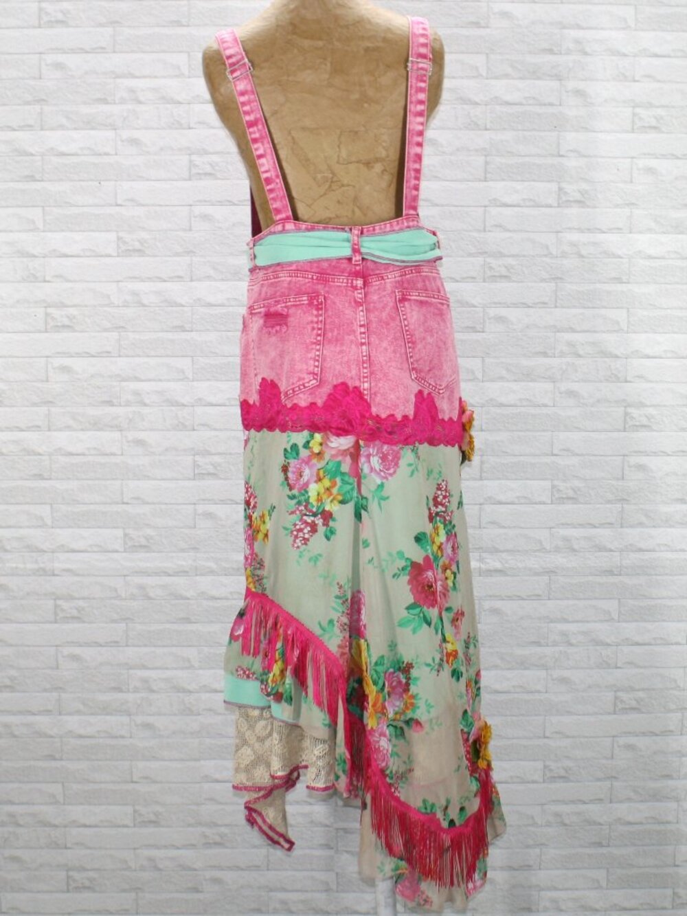 HAND CRAFTED Overalls Denim Jean Dress Upcycled Retro Boho Floral Pink Large - Picture 8 of 16